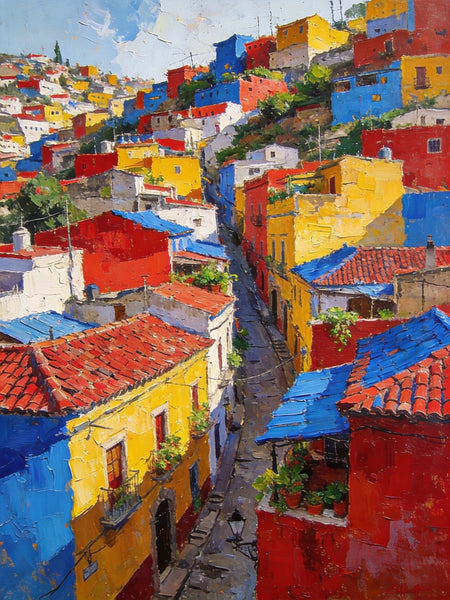Original Wall Art Paintings, Guanajuato's Vibrant Hilltop Village, Hand Painted Canvas Wall Art, Heavy Texture Artwork, Small Oil Paintings-Paintingforhome