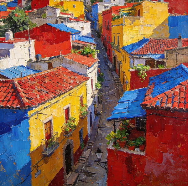 Original Wall Art Paintings, Guanajuato's Vibrant Hilltop Village, Hand Painted Canvas Wall Art, Heavy Texture Artwork, Small Oil Paintings-Paintingforhome