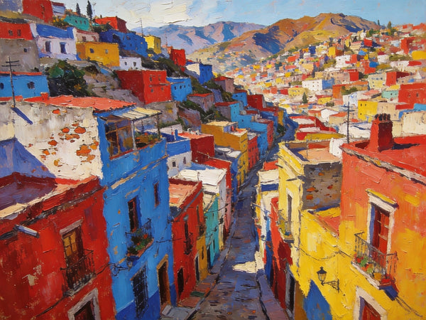 The Painted Guanajuato Town on the Hill, Canvas Wall Art Paintings,Landscape Canvas Paintings, Hand Painted Canvas Art, Original Oil Paintings, Buy Small Canvas Paintings-Paintingforhome