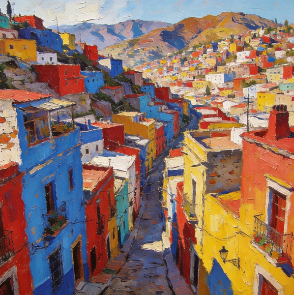 The Painted Guanajuato Town on the Hill, Canvas Wall Art Paintings,Landscape Canvas Paintings, Hand Painted Canvas Art, Original Oil Paintings, Buy Small Canvas Paintings-Paintingforhome