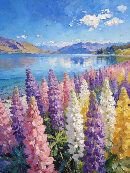 Small Oil Paintings, Scenic Lake Pukaki with Flowers, Heavy Texture Artwork, Hand Painted Canvas Art, Original Landscape Paintings, Canvas Paintings for Bedroom-Paintingforhome