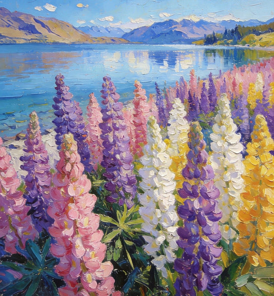 Small Oil Paintings, Scenic Lake Pukaki with Flowers, Heavy Texture Artwork, Hand Painted Canvas Art, Original Landscape Paintings, Canvas Paintings for Bedroom-Paintingforhome
