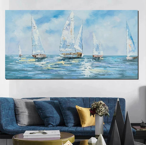 Sail Boat Acrylic Paintings on Canvas, Hand Painted Wall Art Paintings, Contemporary Canvas Artwork, Abstract Wall Art Paintings, Modern Art Paintings for Dining Room-Paintingforhome