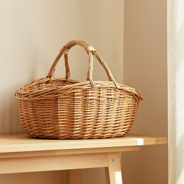 Large Kitchen Storage Baskets, Picnic Storage Basket with Handle, Hand-woven Wicker Storage Basket, Willow Weaving Baskets for Vegetable, Natural Fruit Basket-Paintingforhome