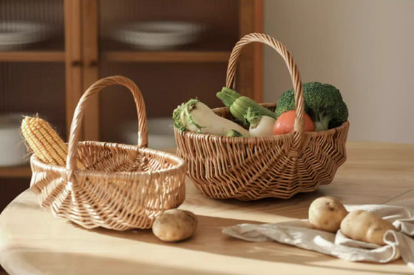 Natural Fruit Basket, Kitchen Storage Baskets, Natural Hand-woven Wicker Storage Basket, Large Picnic Food Basket with Handle, Lovely Willow Weaving Baskets for Vegetable-Paintingforhome