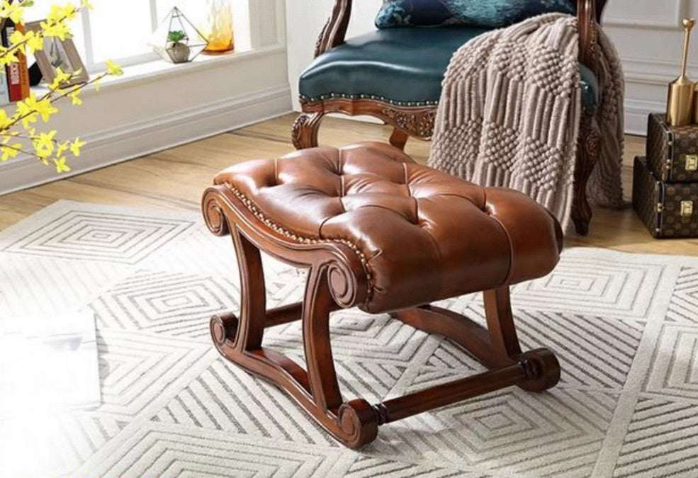 Vintage Leather Stool Genuine Leather Solid Wood Entry Bench, Rubberwood Entry Stool, Antique Style Leather Foot Rest, Handcrafted Wooden Bench Seat, Compact Shoe Stool for Hallway, Sturdy Leather Upholstered Ottoman, Living Room Vintage Accent, Durable Solid Wood Furniture, Entryway Decor Leather Stool, Functional Rubberwood Footstool