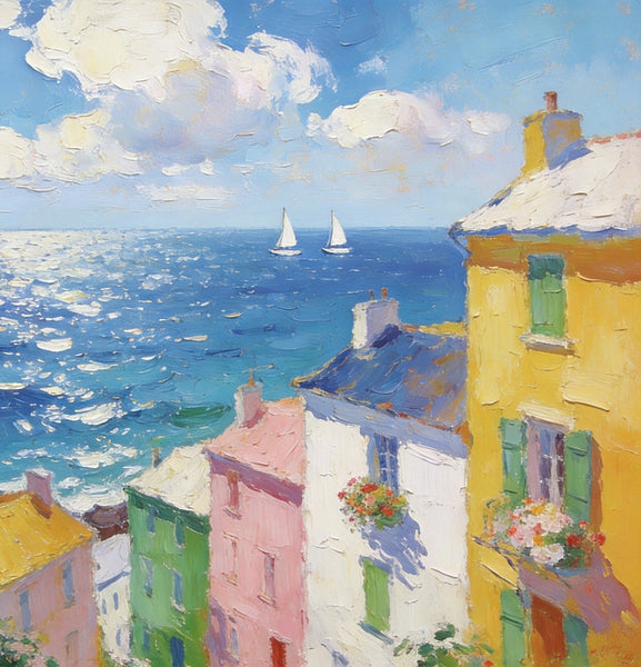 Landscape Paintings for Living Room, Seaside Town Enchanting Landscape, Hand Painted Canvas Art, Small Canvas Paintings, Landscape Wall Art Paintings, Original Oil Paintings-Paintingforhome