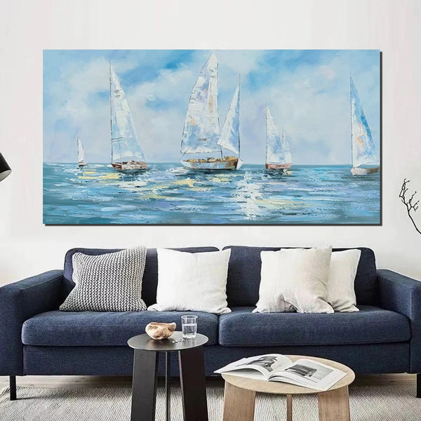 Sail Boat Acrylic Paintings on Canvas, Hand Painted Wall Art Paintings, Contemporary Canvas Artwork, Abstract Wall Art Paintings, Modern Art Paintings for Dining Room-Paintingforhome