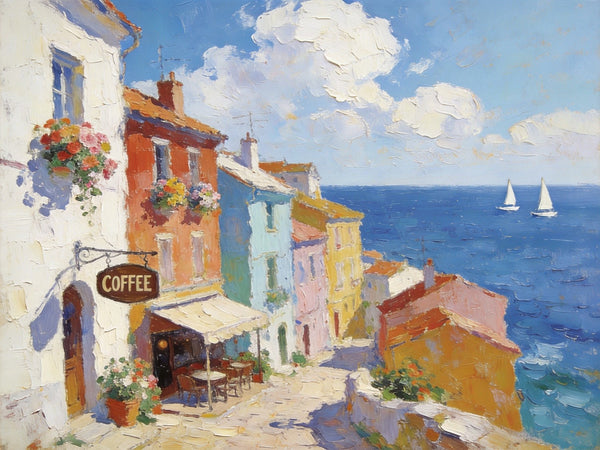 Original Landscape Paintings, Beach Town Serenity, Small Oil Paintings, Buy Painting Online, Hand Painted Canvas Art, Heavy Texture Artwork-Paintingforhome