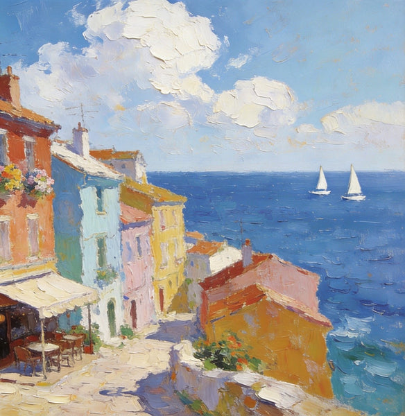 Original Landscape Paintings, Beach Town Serenity, Small Oil Paintings, Buy Painting Online, Hand Painted Canvas Art, Heavy Texture Artwork-Paintingforhome