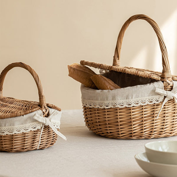 Picnic Storage Basket with Handle, Extra Large Kitchen Storage Baskets, Natural Hand-woven Wicker Storage Basket, Lovely Willow Weaving Baskets for Vegetable, Natural Fruit Storage Baskets-Paintingforhome
