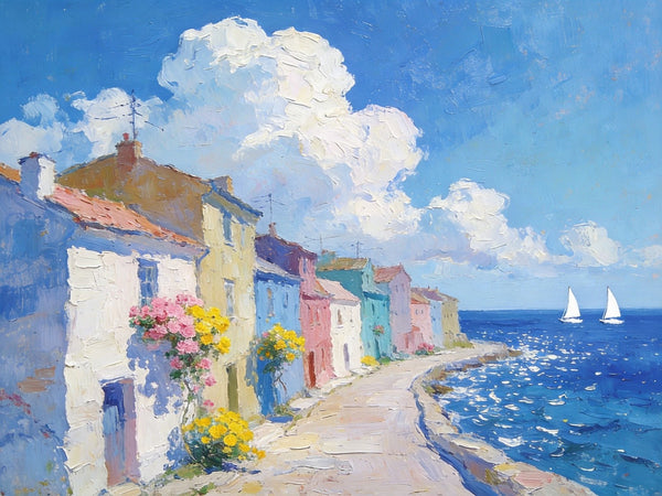 Small Landscape Paintings on Canvas, Coastal Town Dreamy Vista, Seashore Beach Paintings, Landscape Canvas Paintings, Palette Knife Oil Paintings, Hand Painted Canvas Art, Original Oil Paintings-Paintingforhome