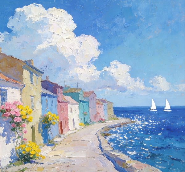 Small Landscape Paintings on Canvas, Coastal Town Dreamy Vista, Seashore Beach Paintings, Landscape Canvas Paintings, Palette Knife Oil Paintings, Hand Painted Canvas Art, Original Oil Paintings-Paintingforhome