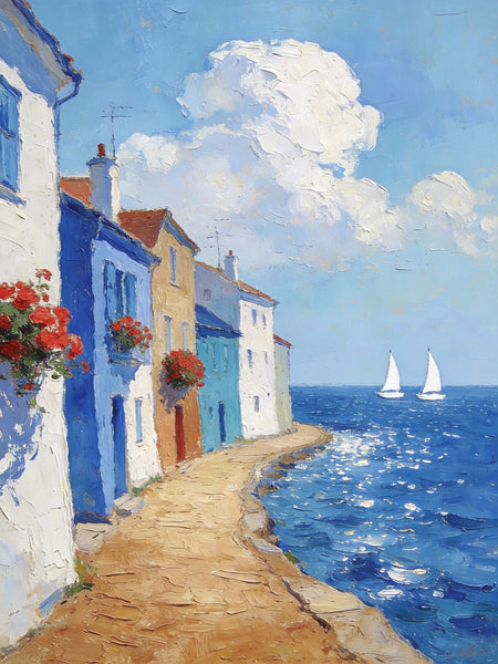 Palette Knife Artwork, Seaside Town Peaceful Ambiance, Hand Painted Canvas Art, Small Oil Paintings, Original Canvas Paintings, Landscape Paintings for Bedroom-Paintingforhome