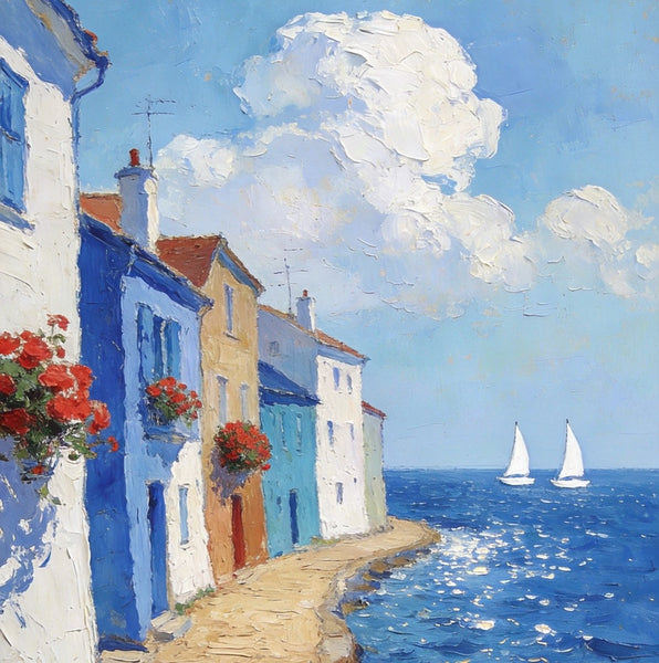 Palette Knife Artwork, Seaside Town Peaceful Ambiance, Hand Painted Canvas Art, Small Oil Paintings, Original Canvas Paintings, Landscape Paintings for Bedroom-Paintingforhome