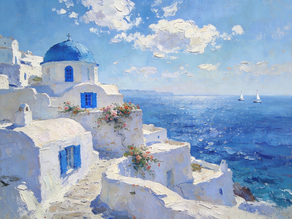 The Blue Domed Church by the Sea, Hand Painted Canvas Art, Small Oil Paintings, Heavy Texture Artwork, Landscape Canvas Paintings, Original Canvas Paintings-Paintingforhome