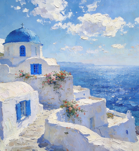 The Blue Domed Church by the Sea, Hand Painted Canvas Art, Small Oil Paintings, Heavy Texture Artwork, Landscape Canvas Paintings, Original Canvas Paintings-Paintingforhome