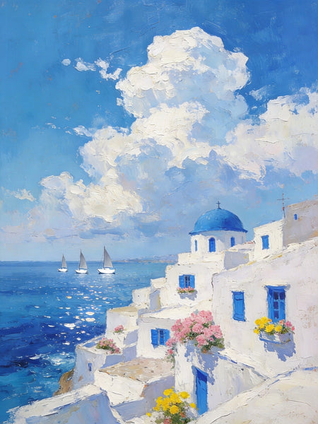 Greek Dream by the Aegean, Seashore Paintings, Canvas Paintings for Bedroom, Original Landscape Paintings, Heavy Texture Artwork, Small Oil Paintings, Hand Painted Canvas Art-Paintingforhome