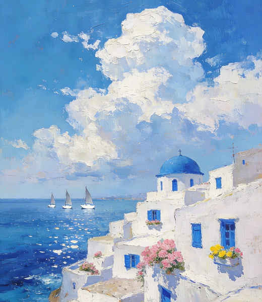 Greek Dream by the Aegean, Seashore Paintings, Canvas Paintings for Bedroom, Original Landscape Paintings, Heavy Texture Artwork, Small Oil Paintings, Hand Painted Canvas Art-Paintingforhome