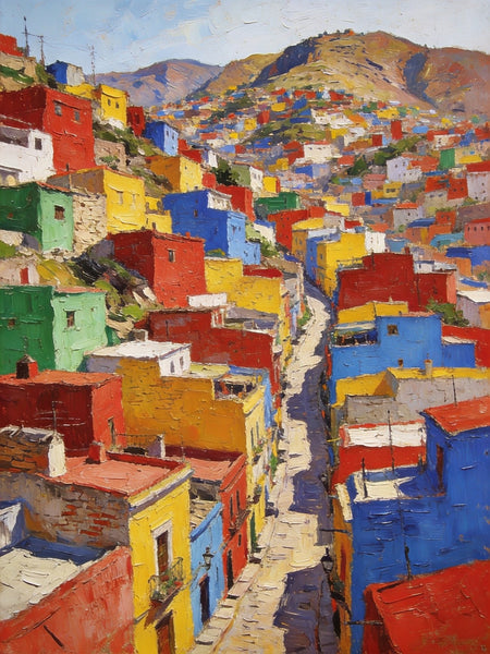 Original Landscape Art, Guanajuato's Hued Houses and Winding Paths, Small Oil Paintings, Hand Painted Canvas Art, Heavy Texture Wall Art Paintings, Landscape Paintings for Bedroom-Paintingforhome