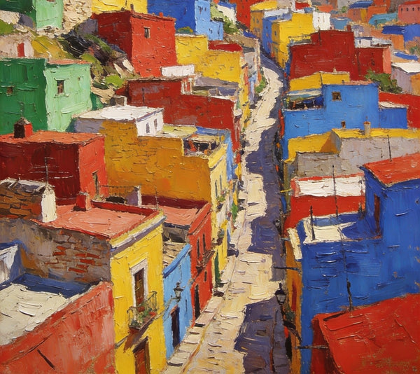 Original Landscape Art, Guanajuato's Hued Houses and Winding Paths, Small Oil Paintings, Hand Painted Canvas Art, Heavy Texture Wall Art Paintings, Landscape Paintings for Bedroom-Paintingforhome
