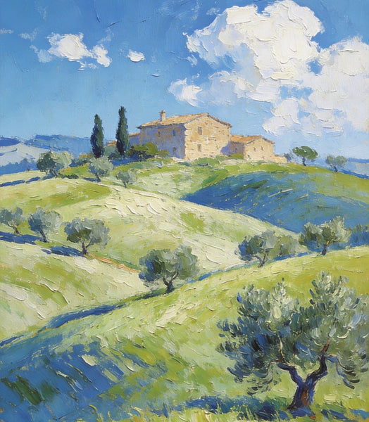 Heavy Texture Artwork, Tuscan Hills and Farmhouses, Hand Painted Canvas Wall Art, Original Wall Art Paintings, Small Oil Paintings-Paintingforhome