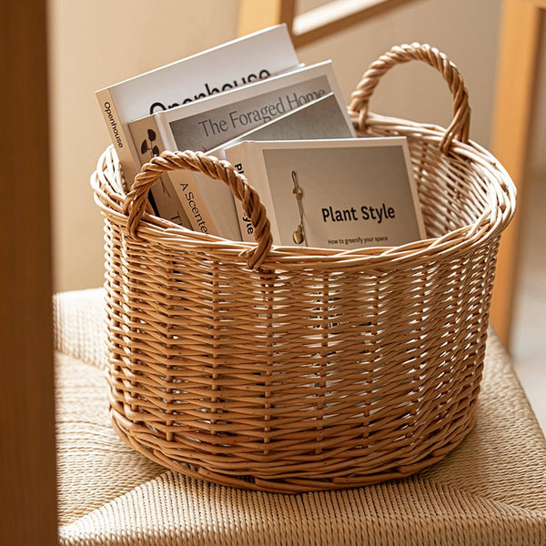 Small Picnic Fruit Basket with Handle, Kitchen Storage Baskets, Natural Hand-woven Wicker Round Storage Basket, Small Willow Weaving Baskets for Vegetable, Natural Fruit Storage Basket-Paintingforhome