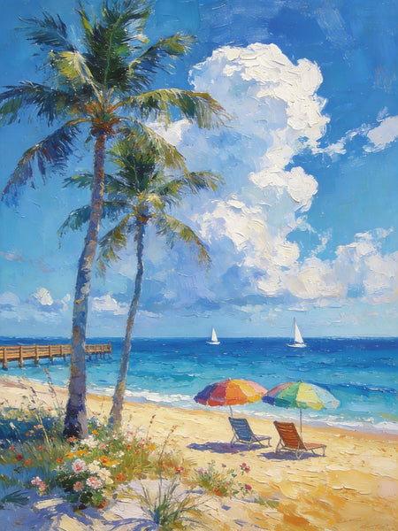 Heavy Texture Artwork, Coastal Peach and Quiet, Palm Trees Seashore Paintings, Hand Painted Canvas Wall Art, Original Oil Paintings, Small Canvas Paintings, Small Canvas Paintings-Paintingforhome
