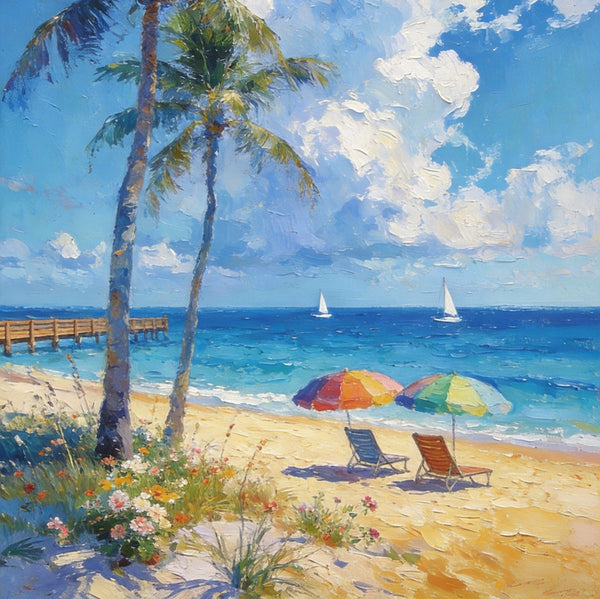 Heavy Texture Artwork, Coastal Peach and Quiet, Palm Trees Seashore Paintings, Hand Painted Canvas Wall Art, Original Oil Paintings, Small Canvas Paintings, Small Canvas Paintings-Paintingforhome