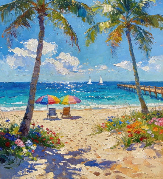 Original Landscape Paintings, Tropical Coastal Charm, Palm Tree Seashore Paintings, Canvas Paintings for Bedroom, Heavy Texture Artwork, Small Oil Paintings, Hand Painted Canvas Art-Paintingforhome