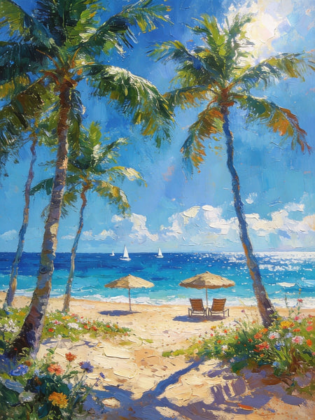 Canvas Paintings for Dining Room, Beachside Haven, Palm Tree Seashore Paintings, Original Landscape Paintings, Heavy Texture Artwork, Small Oil Paintings, Hand Painted Canvas Art-Paintingforhome