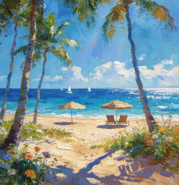 Canvas Paintings for Dining Room, Beachside Haven, Palm Tree Seashore Paintings, Original Landscape Paintings, Heavy Texture Artwork, Small Oil Paintings, Hand Painted Canvas Art-Paintingforhome