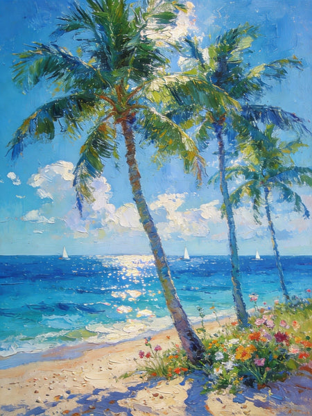Canvas Paintings for Bedroom, Sunlit Shoreline, Palm Tree Seashore Paintings, Heavy Texture Artwork, Original Landscape Paintings, Small Oil Paintings, Hand Painted Canvas Wall Art-Paintingforhome