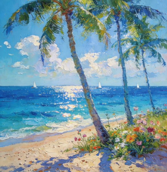 Canvas Paintings for Bedroom, Sunlit Shoreline, Palm Tree Seashore Paintings, Heavy Texture Artwork, Original Landscape Paintings, Small Oil Paintings, Hand Painted Canvas Wall Art-Paintingforhome