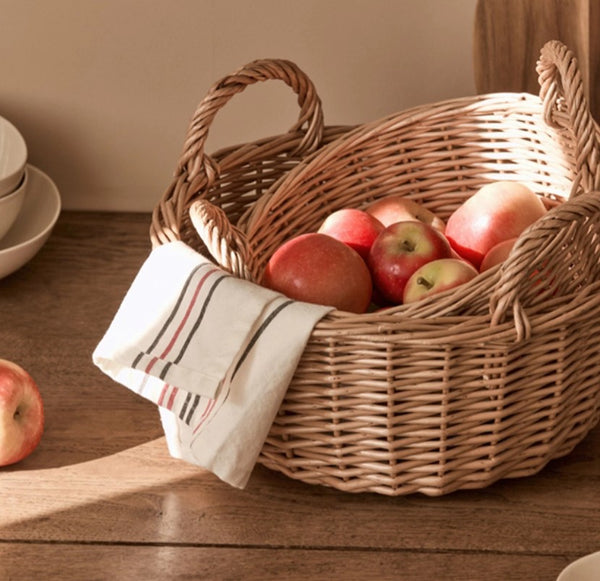 Picnic Fruit Basket with Handle, Kitchen Storage Baskets, Natural Hand-woven Wicker Round Storage Basket, Lovely Willow Weaving Baskets for Vegetable, Natural Fruit Storage Basket-Paintingforhome