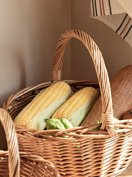 Large Picnic Food Basket with Handle, Lovely Willow Weaving Baskets for Vegetable, Natural Hand-woven Wicker Storage Basket, Natural Fruit Basket, Kitchen Storage Baskets-Paintingforhome