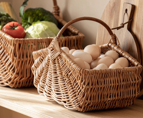 Large Picnic Food Basket with Handle, Natural Hand-woven Wicker Storage Basket, Lovely Willow Weaving Baskets for Vegetable, Natural Fruit Basket, Kitchen Storage Baskets-Paintingforhome