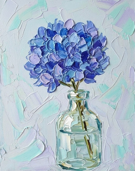 Hand Painted Canvas Artwork, Blue Hydrangea Flowers in Glass Vase, Original Flower Paintings, Original Acrylic Painting on Canvas, Small Canvas Artwork for Sale, Impasto Canvas Art