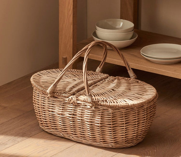 Extra Large Picnic Food Basket with Handle, Kitchen Storage Baskets, Natural Hand-woven Wicker Storage Basket, Lovely Willow Weaving Baskets for Vegetable, Natural Fruit Basket-Paintingforhome