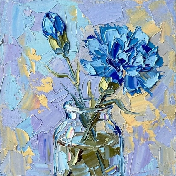 Hand Painted Canvas Art, Blue Carnations in Glass Vase, Small Canvas Artwork, Still Life Painting, Original Acrylic Flower Paintings, Impasto Artwork