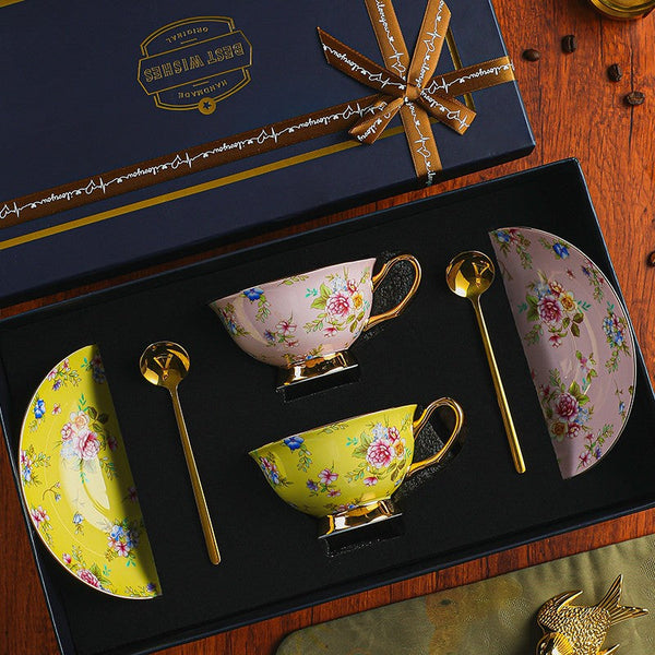 Flower Tea Cup and Saucer Set of 2 Cups in Gift Box, Porcelain Tea Cup Saucer Set, Floral Ceramic Coffee Cup with Saucer, Beautiful British Tea Cup and Saucer-Paintingforhome