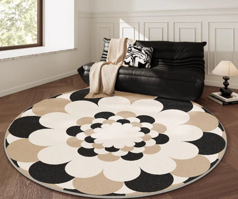 Abstract Contemporary Round Rugs under Chairs, Circular Area Rugs for Bedroom, Modern Rugs for Dining Room, Flower Pattern Modern Rugs for Living Room-Paintingforhome