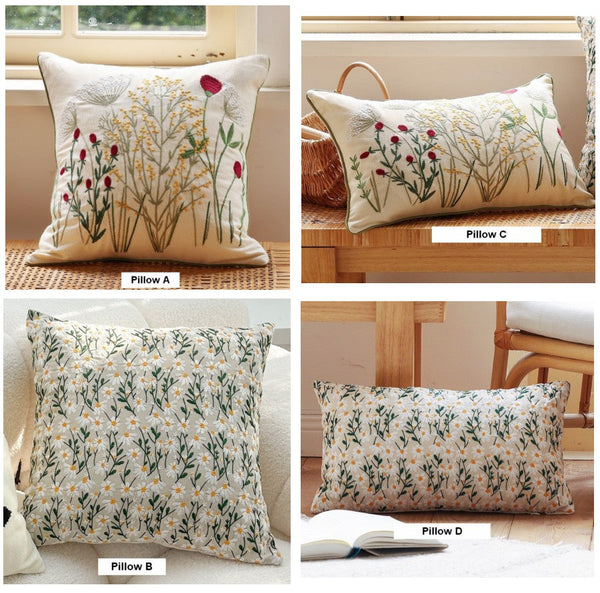 Decorative Pillows for Couch, Farmhouse Decorative Pillows for Sofa, Embroider Flower Cotton Pillow Covers, Spring Flower Decorative Pillows for Bedroom-Paintingforhome