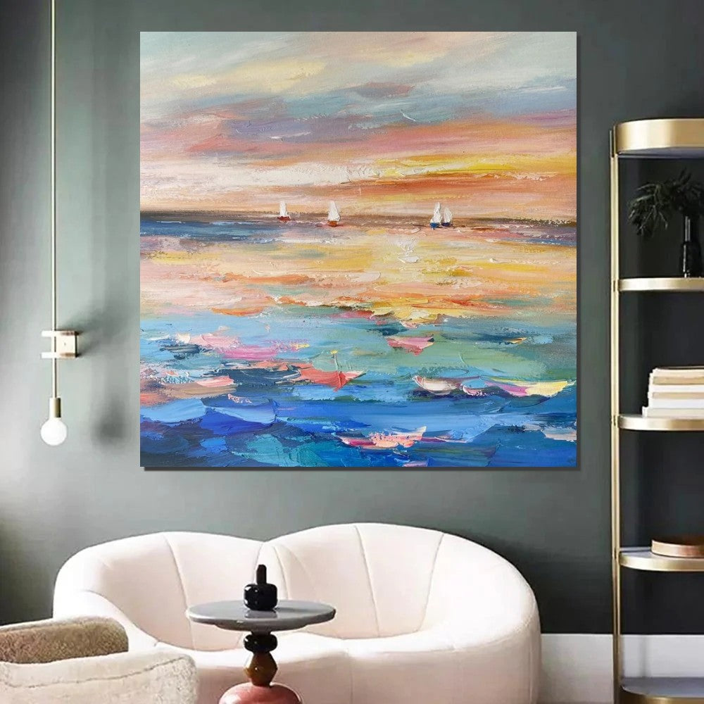 Abstract Landscape Wall Art for Bedroom, Sail Boat at Sea, Contemporary Modern Artwork, Large Modern Canvas Painting, Hand Painted Wall Art Painting-Paintingforhome