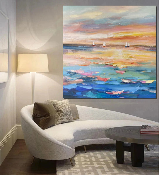 Abstract Landscape Wall Art for Bedroom, Sail Boat at Sea, Contemporary Modern Artwork, Large Modern Canvas Painting, Hand Painted Wall Art Painting-Paintingforhome