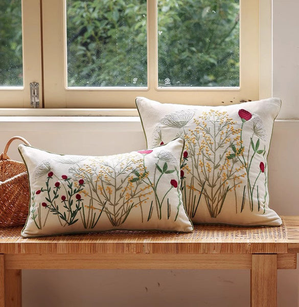 Decorative Pillows for Couch, Farmhouse Decorative Pillows for Sofa, Embroider Flower Cotton Pillow Covers, Spring Flower Decorative Pillows for Bedroom-Paintingforhome