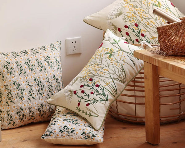 Decorative Pillows for Couch, Farmhouse Decorative Pillows for Sofa, Embroider Flower Cotton Pillow Covers, Spring Flower Decorative Pillows for Bedroom-Paintingforhome