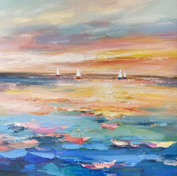 Abstract Landscape Wall Art for Bedroom, Sail Boat at Sea, Contemporary Modern Artwork, Large Modern Canvas Painting, Hand Painted Wall Art Painting-Paintingforhome