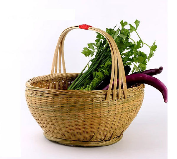 Picnic Food Basket with Handle, Large Natural Hand-woven Bamboo Basket, Natural Fruit Basket Lovely Bamboo Baskets for Vegetable, Kitchen Storage Baskets-Paintingforhome