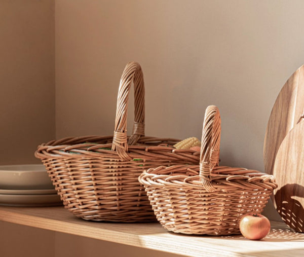 Large Picnic Food Basket with Handle, Lovely Willow Weaving Baskets for Vegetable, Natural Hand-woven Wicker Storage Basket, Natural Fruit Basket, Kitchen Storage Baskets-Paintingforhome